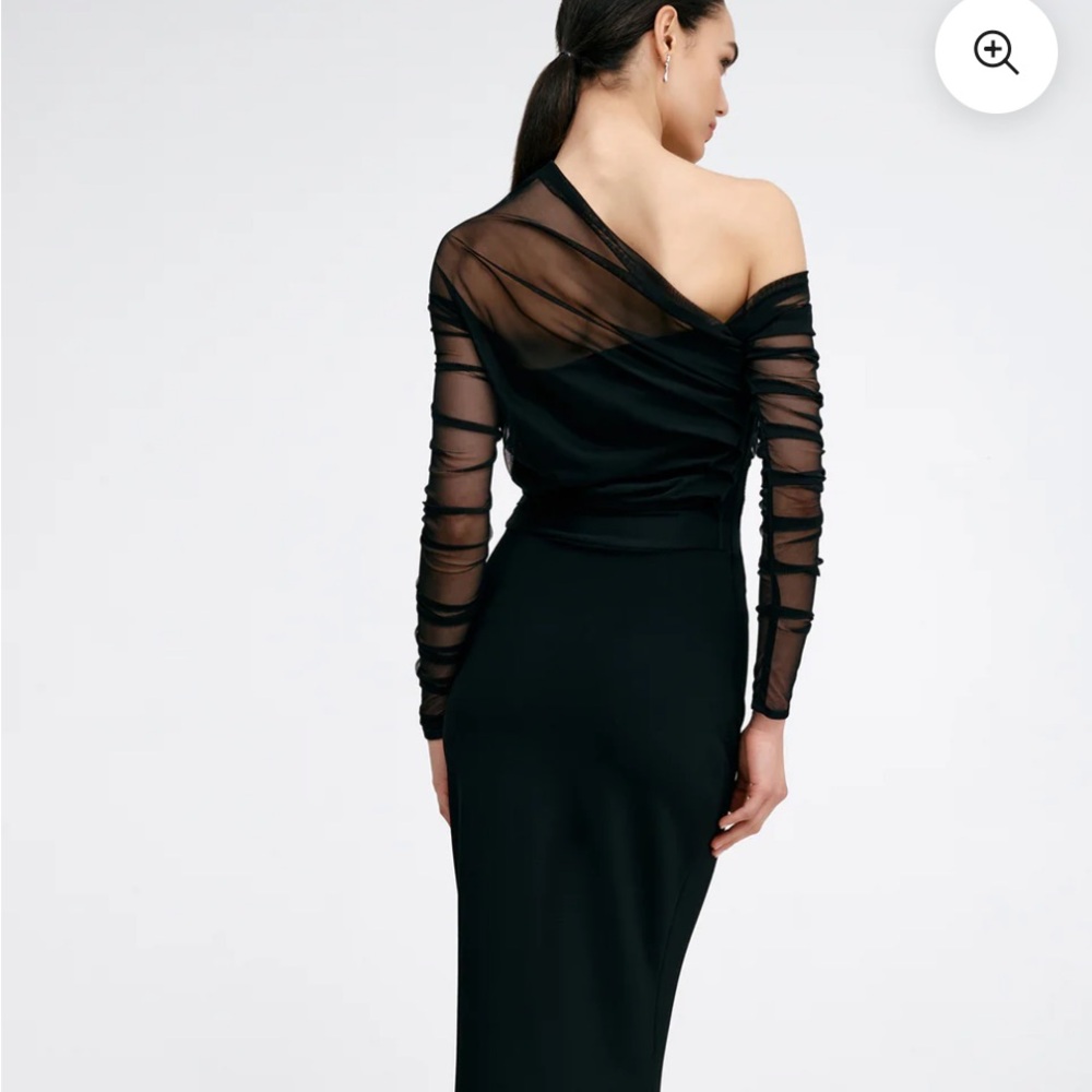 Elegant Black One-Shoulder Dress with Sheer Sleeve - Picture 4 of 8